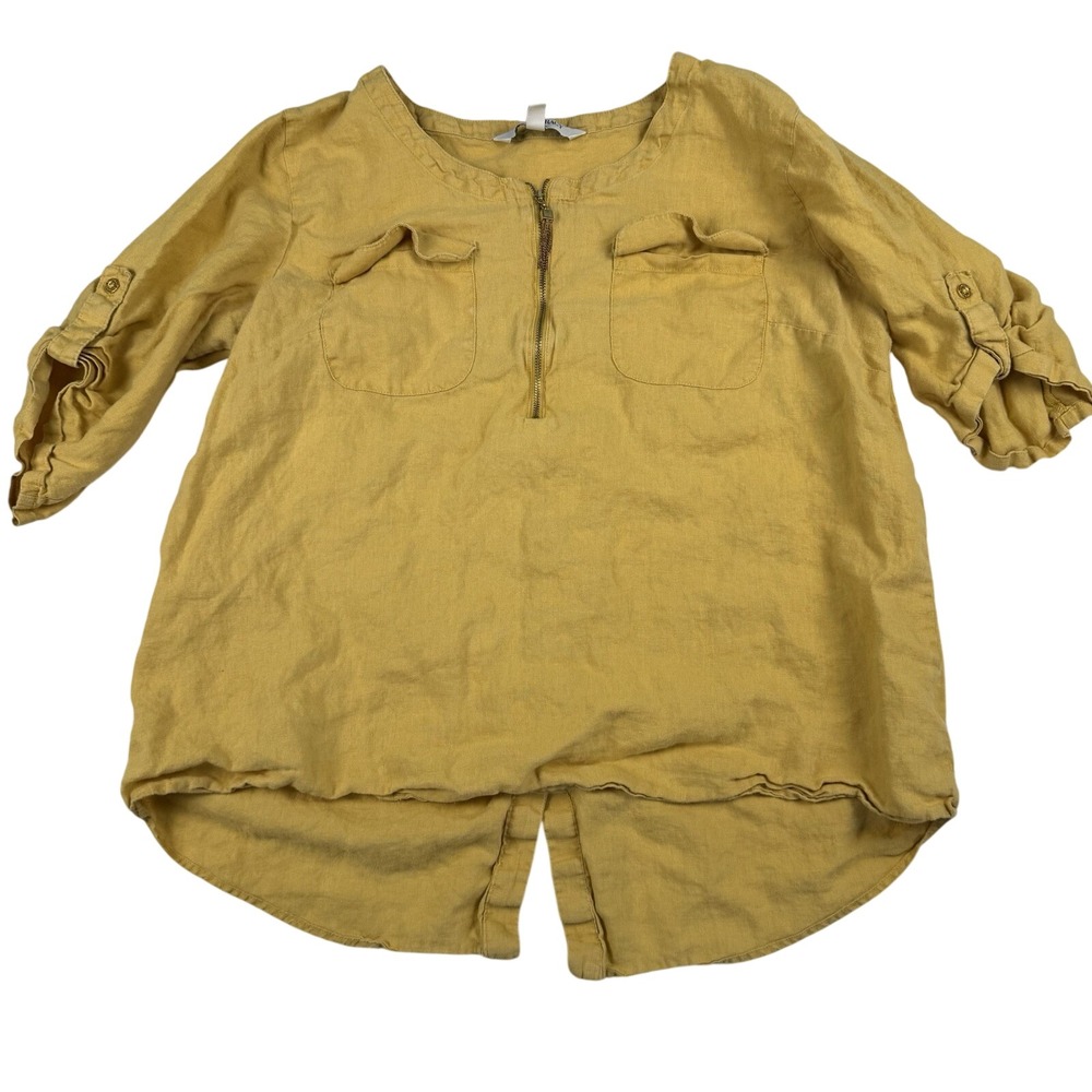 Ellen Tracy‎ Linen utility top scoop 3/4 sleeve roll up Autumn Yellow Size XL